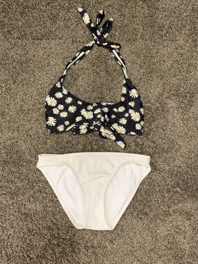 Daisy Print Halter Bikini Top with Cream Ribbed Bottom